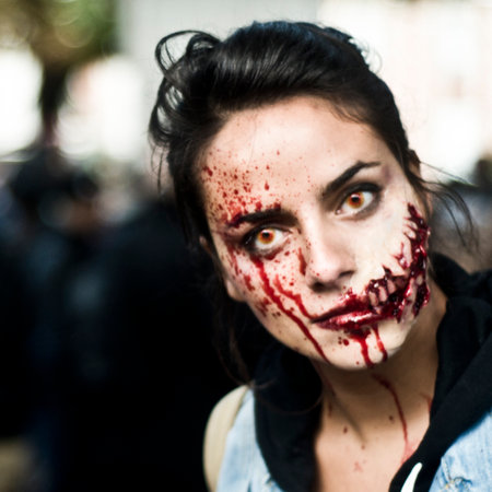 Paris, France - October 13 2012 - Woman dressed as a zombie parades on a street during a zombie walk in Paris.のeditorial素材