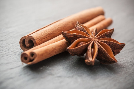 closeup of Dried anise and cinnamon on chalkboard background
