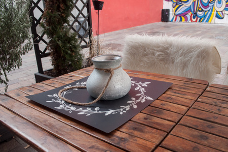 retail oaf wooden table of bistro by winterの写真素材