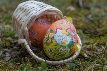 closeup of decorative easter eggs in outdoor in the grassの写真素材