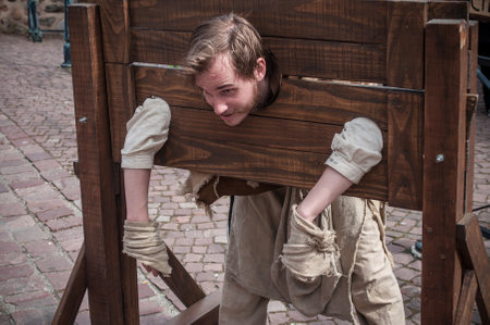 KAYSERSBERG - France - 29 April 2017 - prisoner man with medieval costume at the steam punk exhibition in Kaysersberg villageのeditorial素材