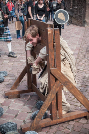 KAYSERSBERG - France - 29 April 2017 - prisoner man with medieval costume at the steam punk exhibition in Kaysersberg villageのeditorial素材