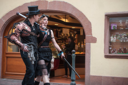 KAYSERSBERG - France - 29 April 2017 - couple with Steam punk costume at the steam punk exhibition in Kaysersberg villageのeditorial素材
