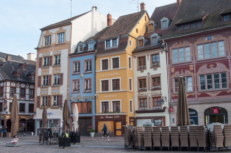 MULHOUSE- France -10 May 2017 Traditional houses and shops in the main square in Mulhouse, Alsace, France.のeditorial素材