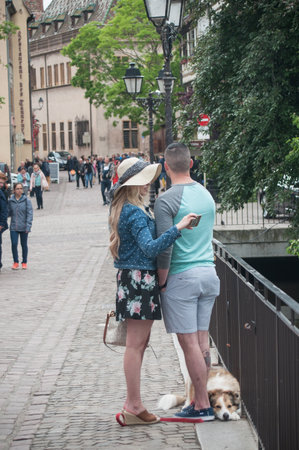 COLMAR - France - 20 May 2017- couple of tourist taking a selfy picture on bridge in little Venise quarter in Colmarのeditorial素材
