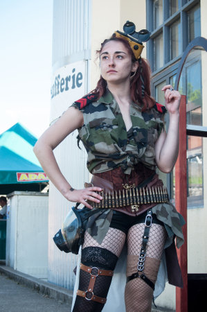 WESSERLING - France - 21 May 2017 - woman with steampunk sexy costume  at cosplay exhibition eventのeditorial素材