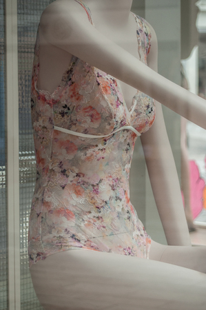 closeup of beautiful underwear with flowers embroideries in store showroomの写真素材