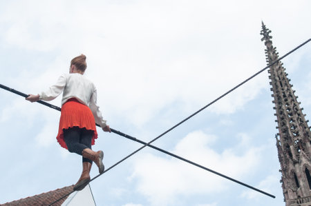 MULHOUSE - France - 15 July 2017 - tightrope walker performance during four hours in Mulhouseのeditorial素材