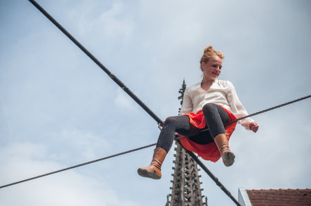 MULHOUSE - France - 15 July 2017 - tightrope walker performance during four hours in Mulhouse