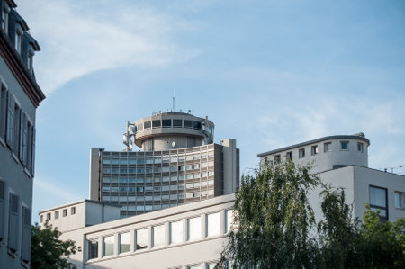 MULHOUSE - France - 15 July 2017 - view  of buildings in Mulhouse with Europe tower and panoramique restaurant at the topのeditorial素材