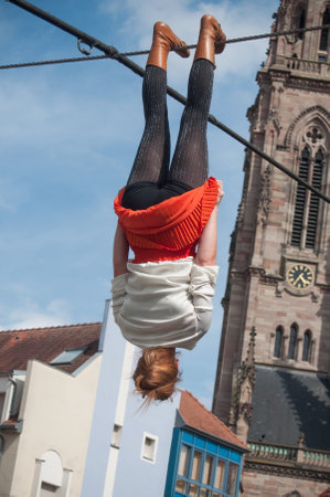 MULHOUSE - France - 15 July 2017 - the artist Johanne Humblet tightrope walker performance during four hours in Mulhouseのeditorial素材