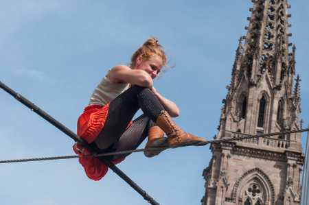MULHOUSE - France - 15 July 2017 - the artist Johanne Humblet tightrope walker performance during four hours in Mulhouseのeditorial素材