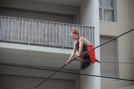 MULHOUSE - France - 15 July 2017 - the artist Johanne Humblet tightrope walker performance during four hours in Mulhouseのeditorial素材