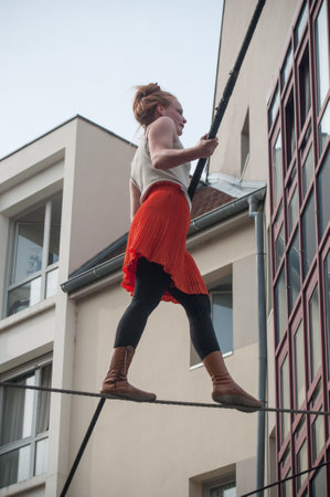 MULHOUSE - France - 15 July 2017 - the artist Johanne Humblet tightrope walker performance during four hours in Mulhouseのeditorial素材