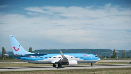 BASEL - Switzerland - 29 July 2017 - Boeing 737 of the company TUIfly rolling on the runway before take offのeditorial素材