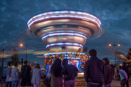 MULHOUSE - France - 28 July 2017 - illuminations in attraction park with carouselのeditorial素材