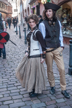 KAYSERSBERG - France - 29 April 2017 - couple with steam punk costume at the steam punk exhibition in Kaysersberg villageのeditorial素材