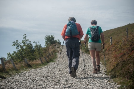 Le grand Ballon, France - 27 August 2017 - couple of trekkers walking at the top with backpackのeditorial素材