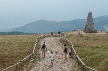 Le grand Ballon, France - 27 August 2017 - panorama in the top with people and stoned monumentのeditorial素材