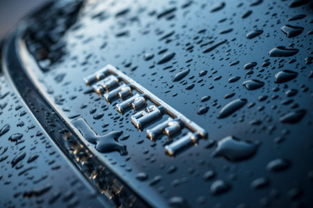 Mulhouse - France - 12 September 2017 - closeup of rain drops on black ferrari logoのeditorial素材