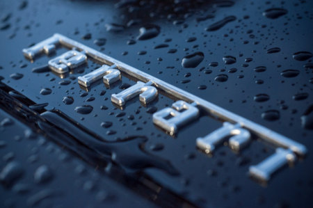 Mulhouse - France - 12 September 2017 - closeup of rain drops on black ferrari logoのeditorial素材
