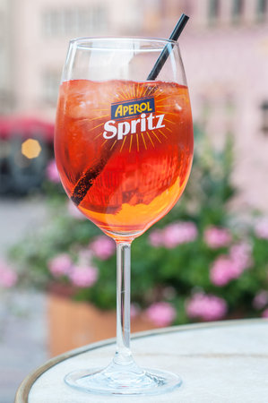 Mulhouse - France - 20 September 2017 - glass of spritz on restaurant terraceのeditorial素材