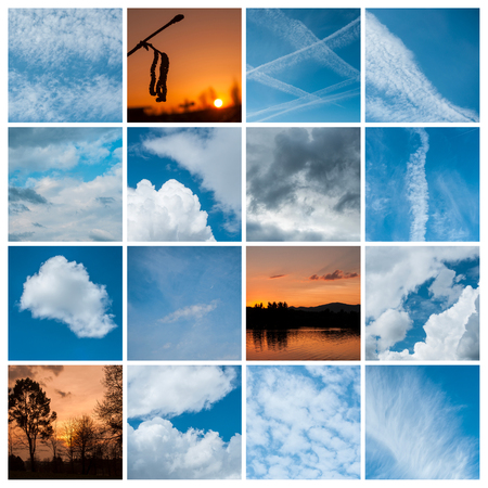 various blue sky and sunset sky collageの写真素材