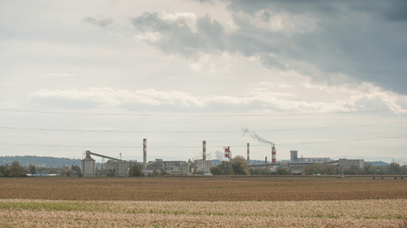 panorama of chemical factory and railways with cloudy skyの写真素材