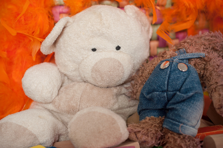 closeup of teddy bear in a wooden basketの写真素材