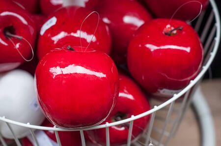 closeup of decorative red apple in storeの写真素材