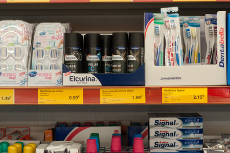 Mulhouse - France - 29 December 2017 - deodorant, toothbrushes and toothpastes at Norma,  the french hard discount Supermarketのeditorial素材