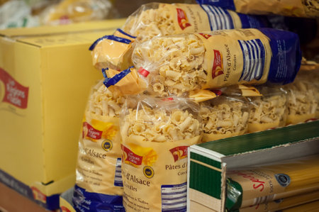Mulhouse - France - 29 December 2017 - alsatian pasta at Norma,  the french hard discount Supermarketのeditorial素材