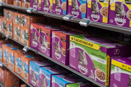 Mulhouse - France - 3 January 2018 - closeup of Whiskas packets the french brand of cat food in Cora supermarketのeditorial素材
