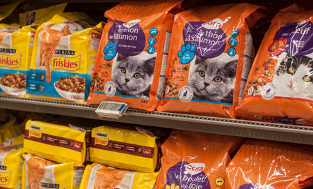 Mulhouse - France - 3 January 2018 - closeup of friskies cat food, the french brand in Cora...