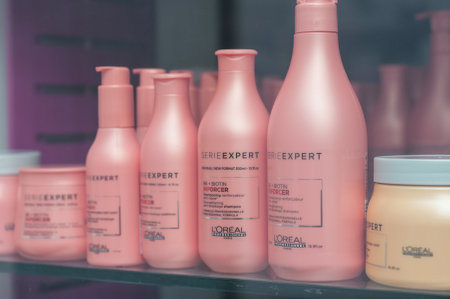 Mulhouse - France - 31 December 2017 closeup of professional shampoo bottles L'oreal , the french leader in the world in cosmetics at hairdresserのeditorial素材