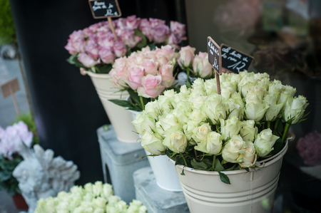 closeup of colorful roses at the florist in the streetの写真素材