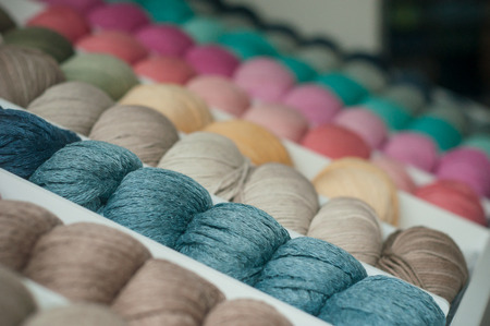 closeup of wool balls in store showroomの写真素材