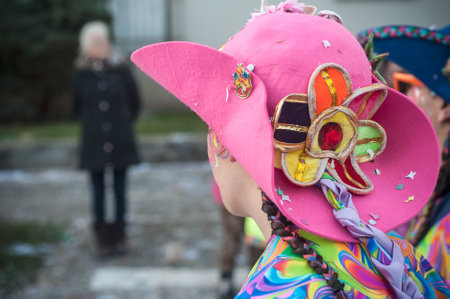Riedisheim - France - 4 February 2018 - portrait of woman with pink hat parading in the streetのeditorial素材