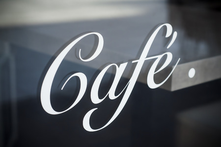 closeup of french coffee signage on windowの写真素材
