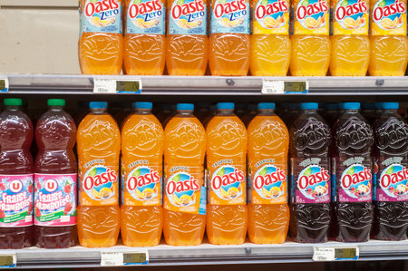 Mulhouse - France - 8 February 2018 - closeup of bottles of Oasis brand , the french orange juice at Super U supermarketのeditorial素材