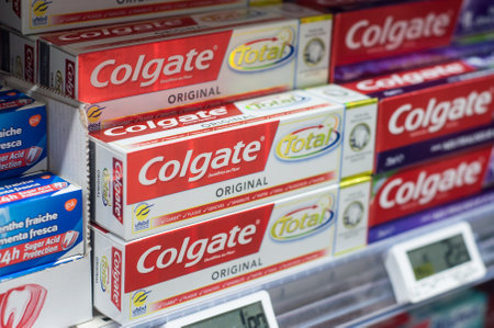 Mulhouse - France - 22 February 2018 - closeup of Colgate toothpaste at Super U supermarket