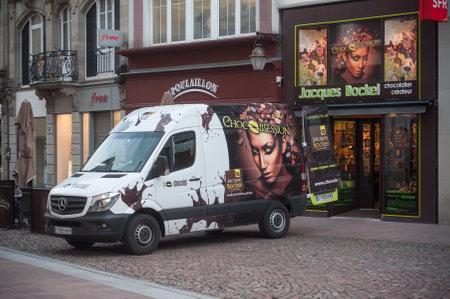 Mulhouse - France - 14 March 2018 - Jacques Bockel delivery truck  the famous french confectionery parked in the streetのeditorial素材