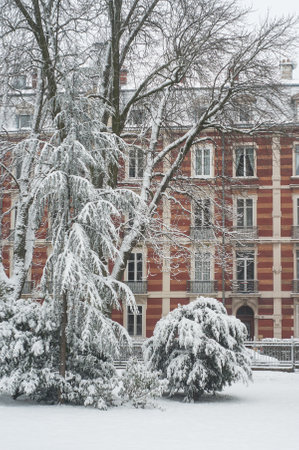 retail of public garden with snow on trees with ancient building facade on backgroundのeditorial素材