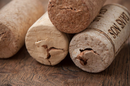 closeup of corks wine on wooden backgroundのeditorial素材
