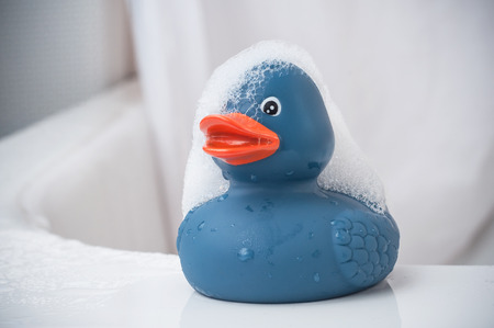 closeup of blue  rubber duck toy with moss on bathの写真素材