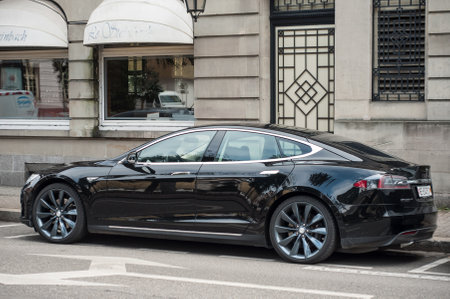Mulhouse - France - 20 March 2018 - black maserati parked in the street in front of hotel Steinbach in Mulhouseのeditorial素材