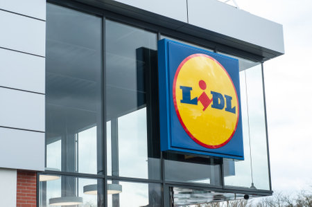 Mulhouse - France - 29 March 2018 - Lidl sign in store front - Lidl is the german leader of hard discount supermarket chain in Franceのeditorial素材
