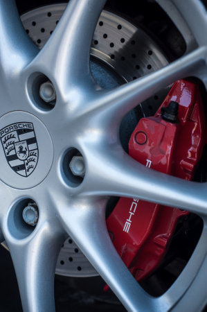 Colmar - France - 7 April 2018 - retail of porsche wheel with red brakeのeditorial素材
