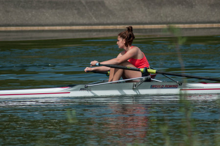Mulhouse - France - 28 April 2018 - woman  rowing in the channelのeditorial素材