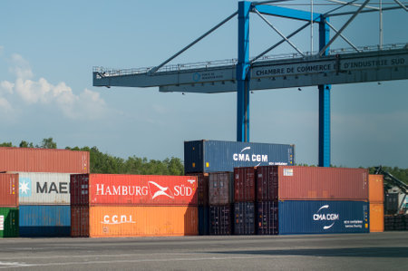 Mulhouse - France - 18 May 2018 - unloading containers in port in border Rhine
